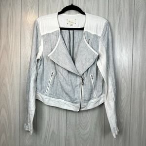 Lou & Grey Women's Light Blue White Stripes Linen Asymmetric Moto Jacket Size M